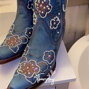 Circle G Blue and Brown Ankle Boots with Floral Embroidery